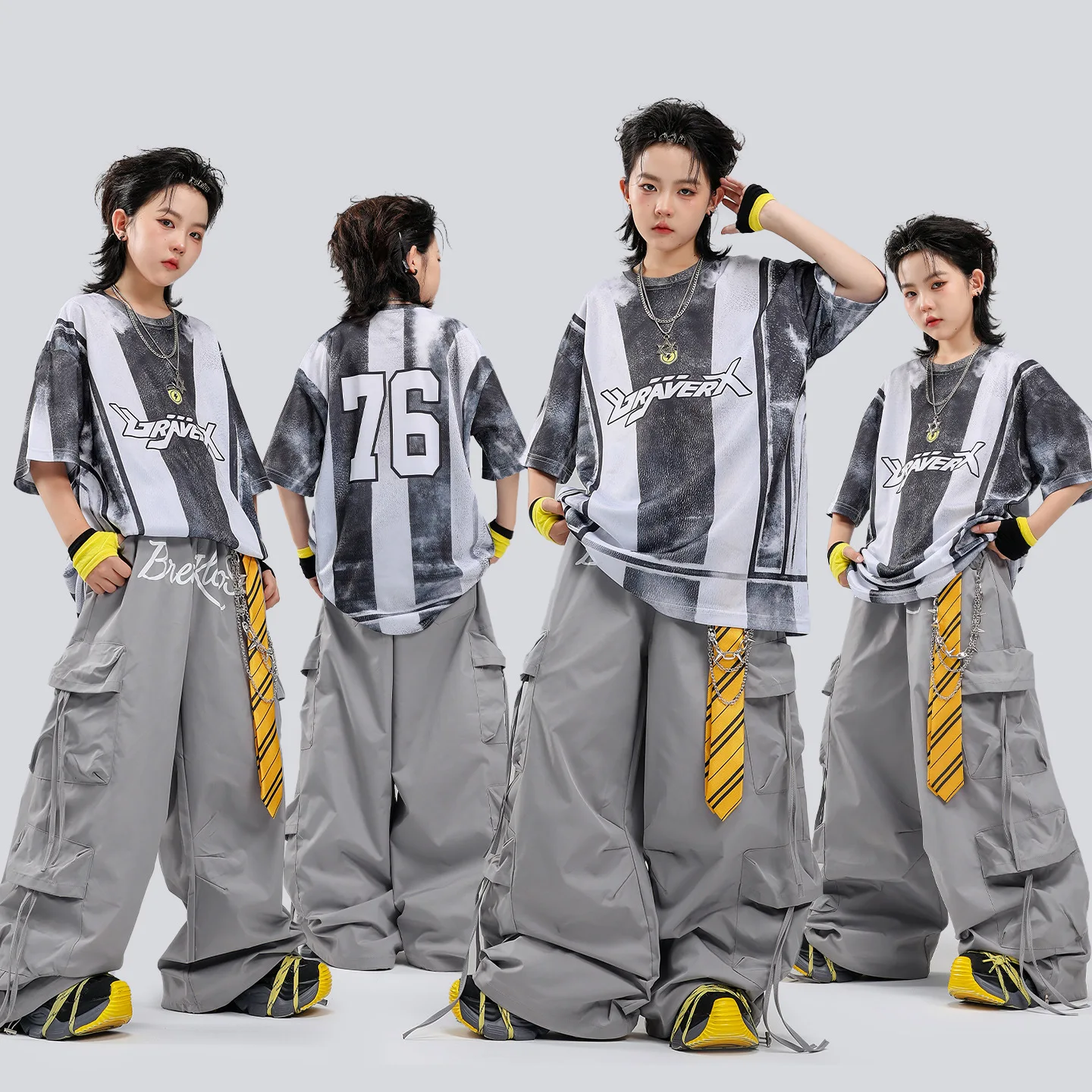 Boys Girls Hip Hop Outfit Grey White Striped Tops+Multi Pocket Cargo Pants Kids Teens Street Dance K-pop Jazz Costume Streetwear