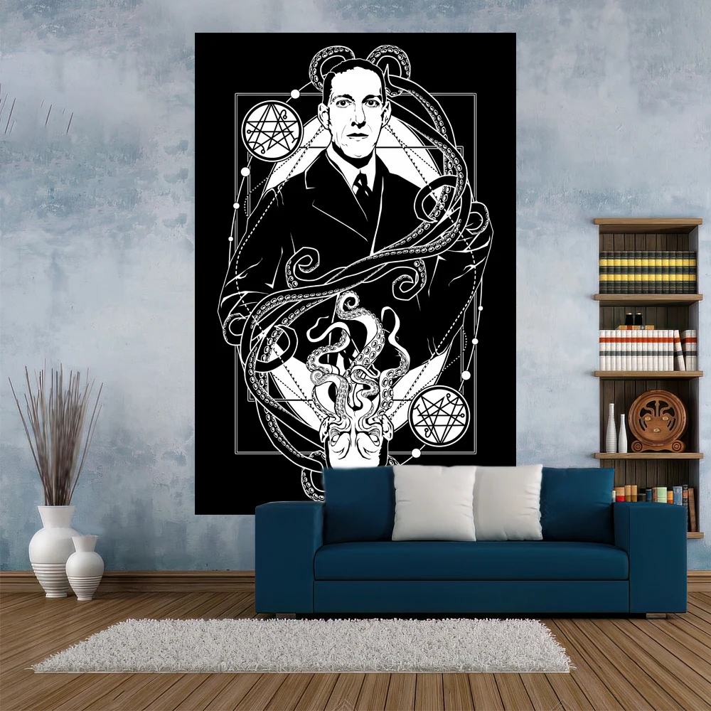 Anime Cthulhu Tapestry Black And White Printed Hippie Wall Hanging Aesthetics Home Decoration Dormitory Background Sofa Blanket