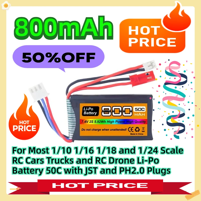 

For Most 1/10 1/16 1/18 and 1/24 Scale RC Cars Trucks and RC Drone 7.4V Li-Po Battery 50C 800mAh with JST and PH2.0 Plugs