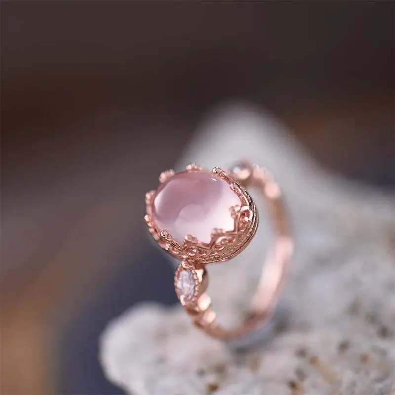 Original new pink crystal hibiscus stone lace side opening adjustable ring elegant charm creative retro silver jeweler