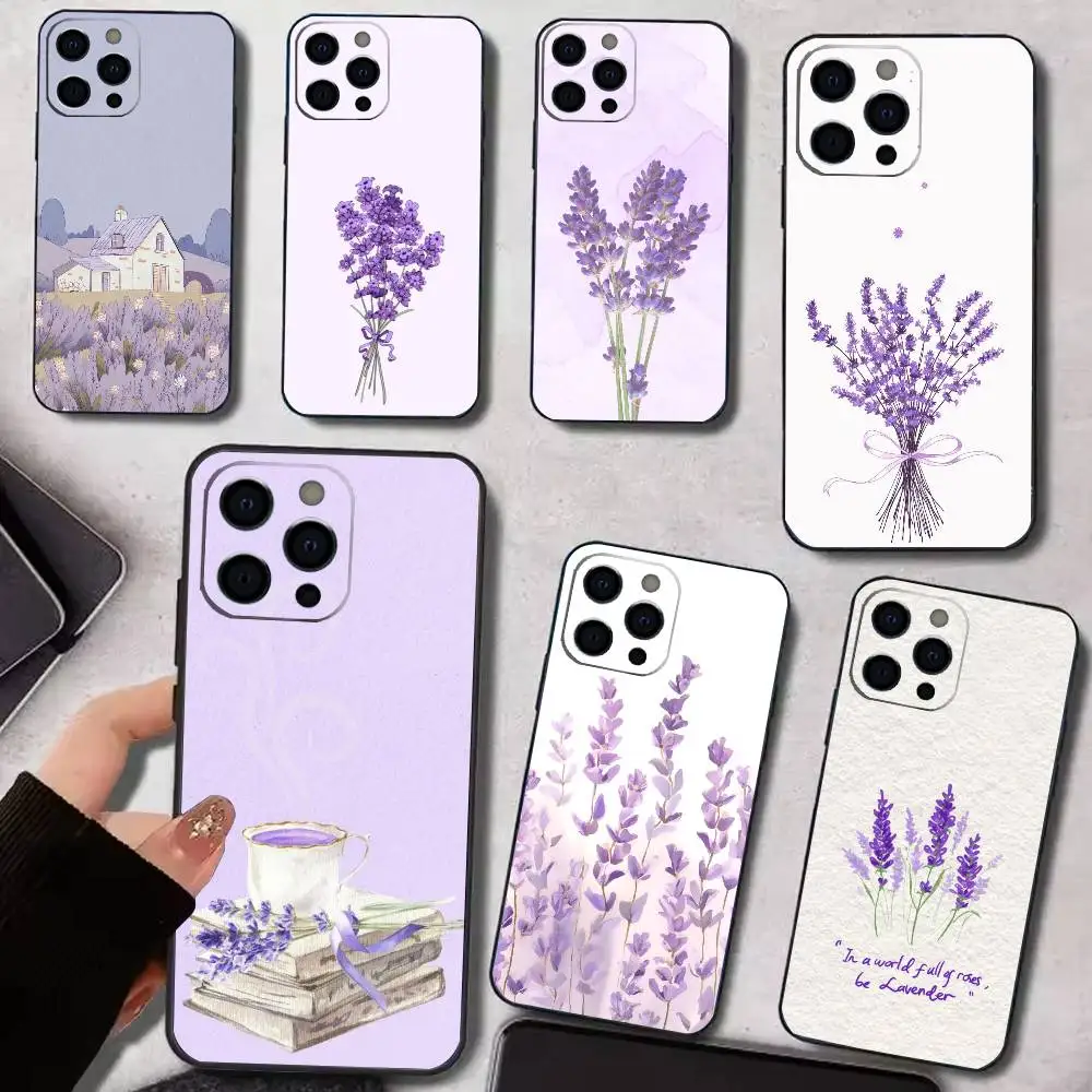 

L-Lavender Purple Flowers Phone Case For iPhone 17,16,15,14,13,12,11 Plus,Pro Max,XS,Soft Silicone Black Cover