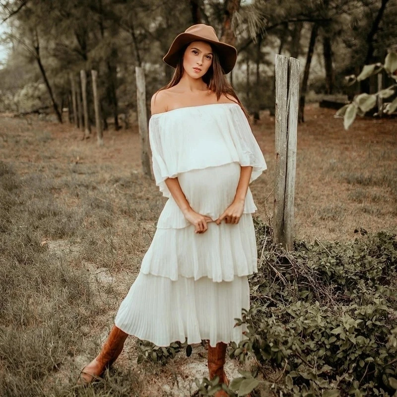 Vestidos largos para fotografía de maternidad, vestido de un hombro con volantes para mujeres embarazadas, accesorios para sesión de fotos de Baby