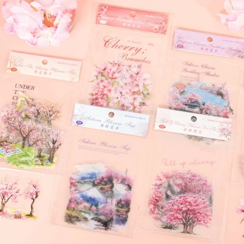 20Sheets Cherry Blossom Sticker Encounter paper Rain Arts Package Crafts material stickers DIY Crafts Scrapbooking 162*110mm