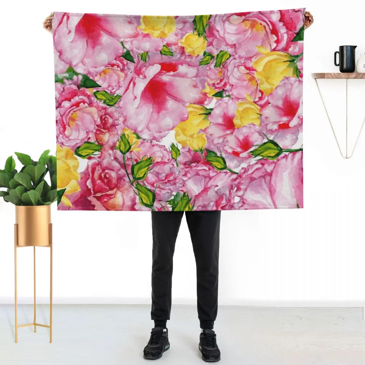 Modern hand painted neon pink yellow watercolor roses floral Throw Blanket Single Sofa Throw Cute Plaid Blankets
