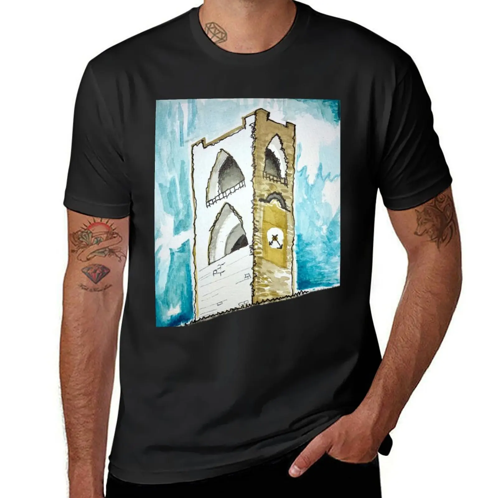 Watercolour of an Italian Clock Tower in Bergamo T-Shirt Clothing quick drying mens t shirt