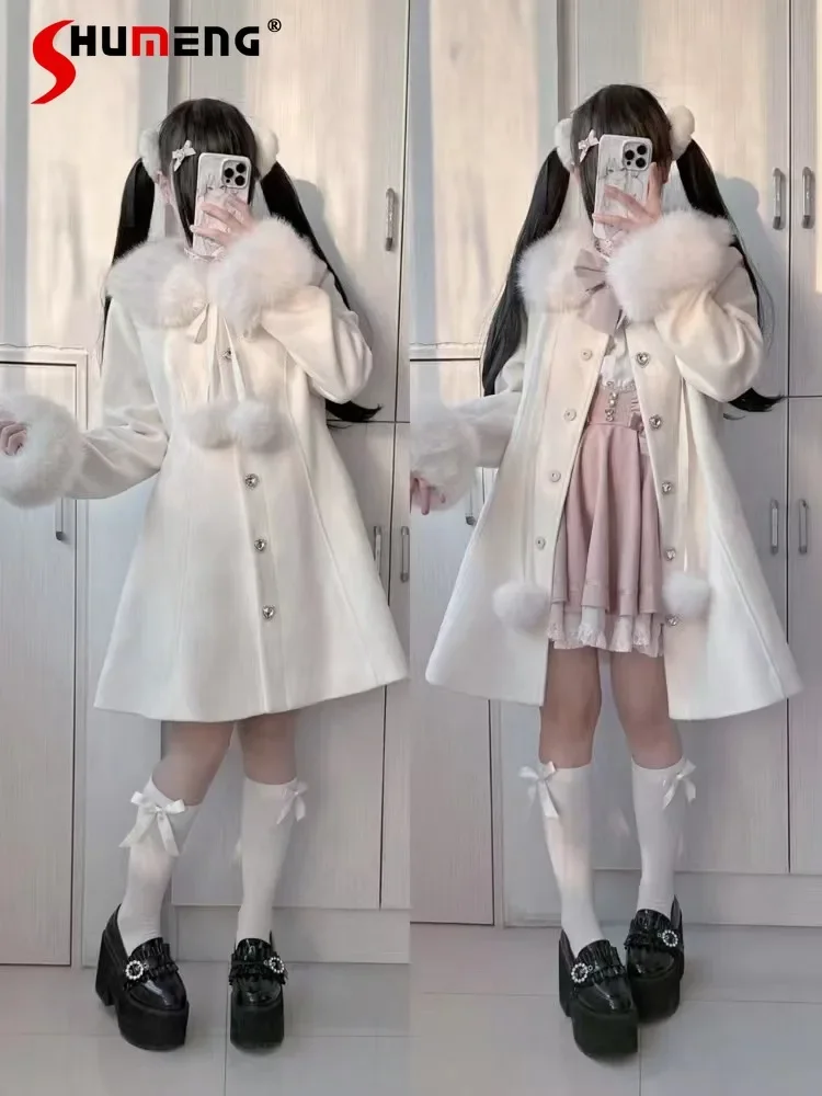 Japanische elegante süße Lolita Wollmäntel Pelzkragen Schleife einreihig langärmelige A-Linie lange Wolljacke Mantel Frauen Winter