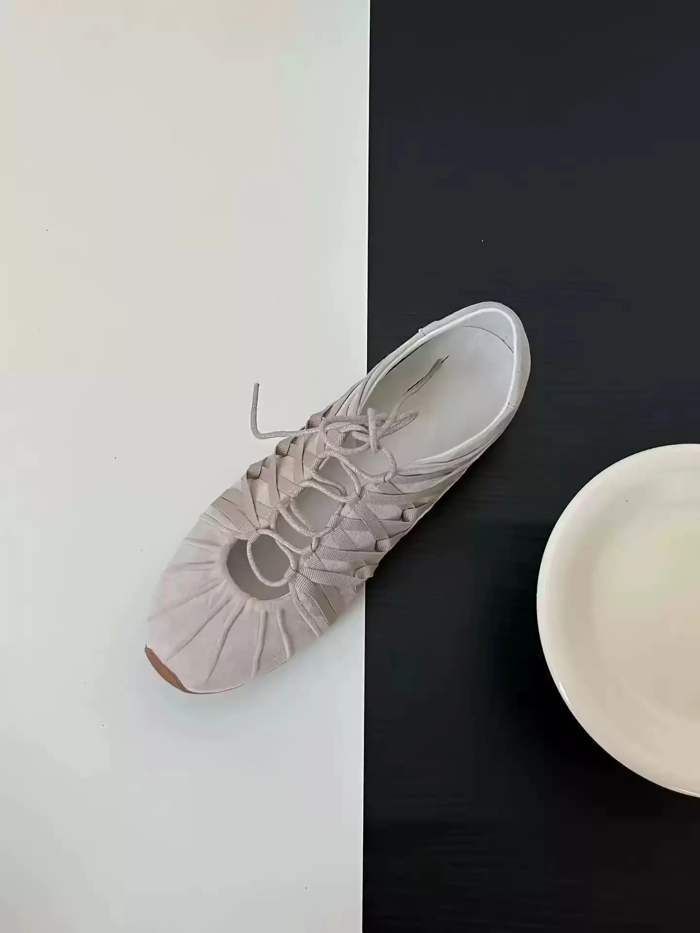 Soft Leather Gathered Ruched Front Lace Up Hollow Round Toe Ballet Flats Minimal Lazy Ladies Light Comfy Daily Casual Footwear