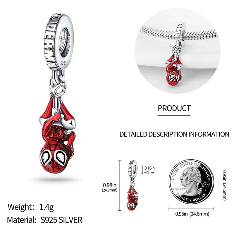 Marvel Series Hanging Spiderman Charm Beads Fits Pandora Original Bracelet Women 925 Silver Pendant Beads DIY Jewelry Gift Hot