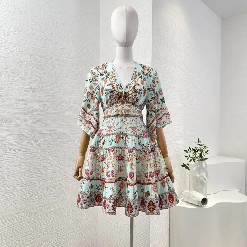 

Pure Silk 2024 Latest New Floral Print High Quality Flare Sleeve Pleats Waist Keyhole Shirred Mini Dresses for Women