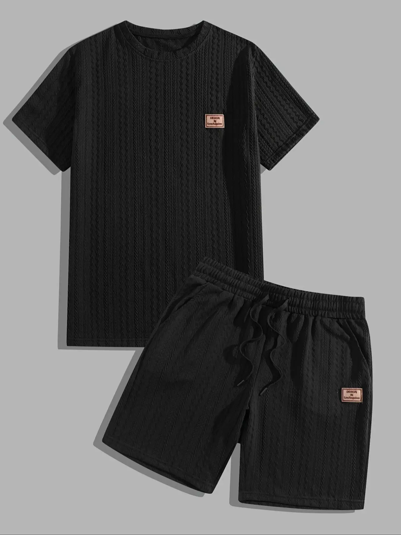 Men's Fixed Textured Elastic T-Shirt and Elastic Waist Shorts Set, Regular Fitted Casual Round Neck Short-Sleeved T-Shirt and Flap Pocket Pants Shorts, Men's Summer Clothing
