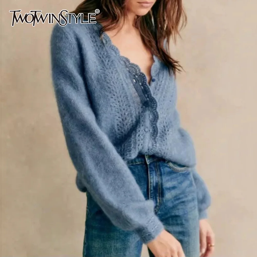 

TWOTWINSTYLE Blue Color Loosse Knitwear for Women V Neck Lantern Sleeve Patchwork Hollow Out French Temperament Sweater Female