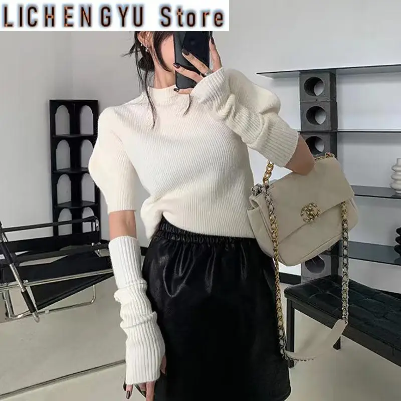 New Korean Style Knitted Sweater with Detachable Sleeves Women Casual Crop Tops Puff Sleeve Pullovers Office Lady Jerseys