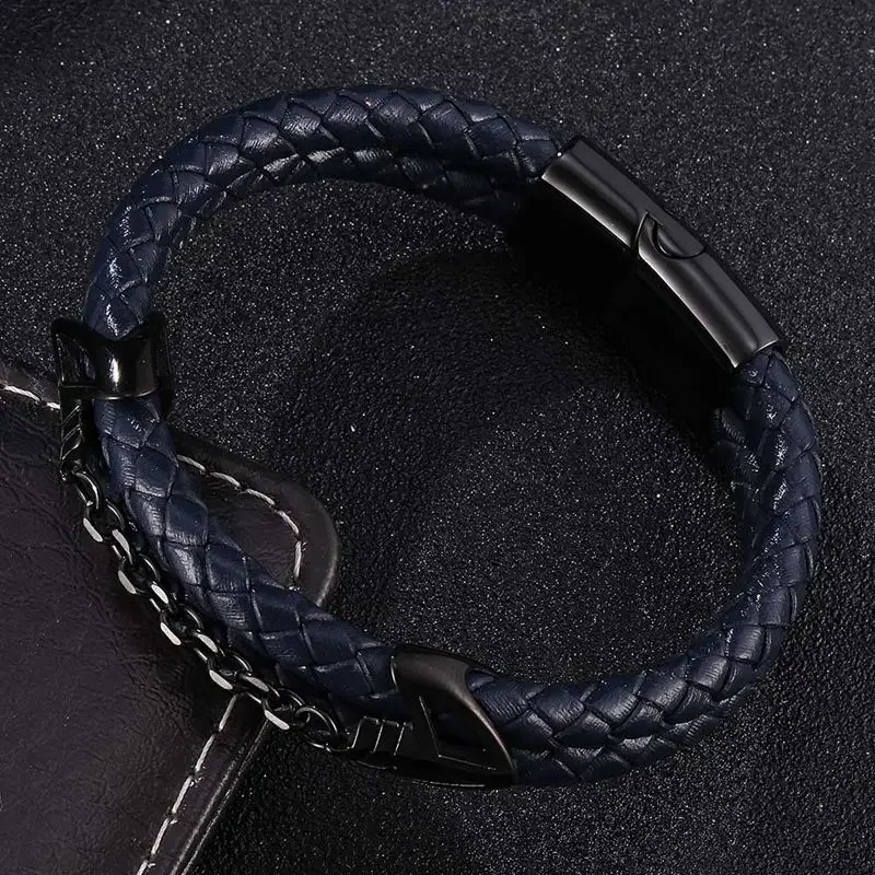 

Double Blue Genuine Leather Bracelets Men Charm Jewelry Black Stainless Steel Magnetic Buckle Fashion Wristband Male Gift SP1026