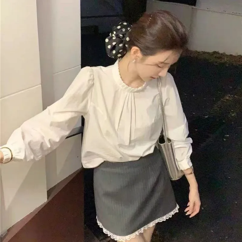 

Женская белая блузка с воротником-стойкой, длинными рукавами, оборками и плиссировкой, повседневная свободная рубашка-топ, комплект