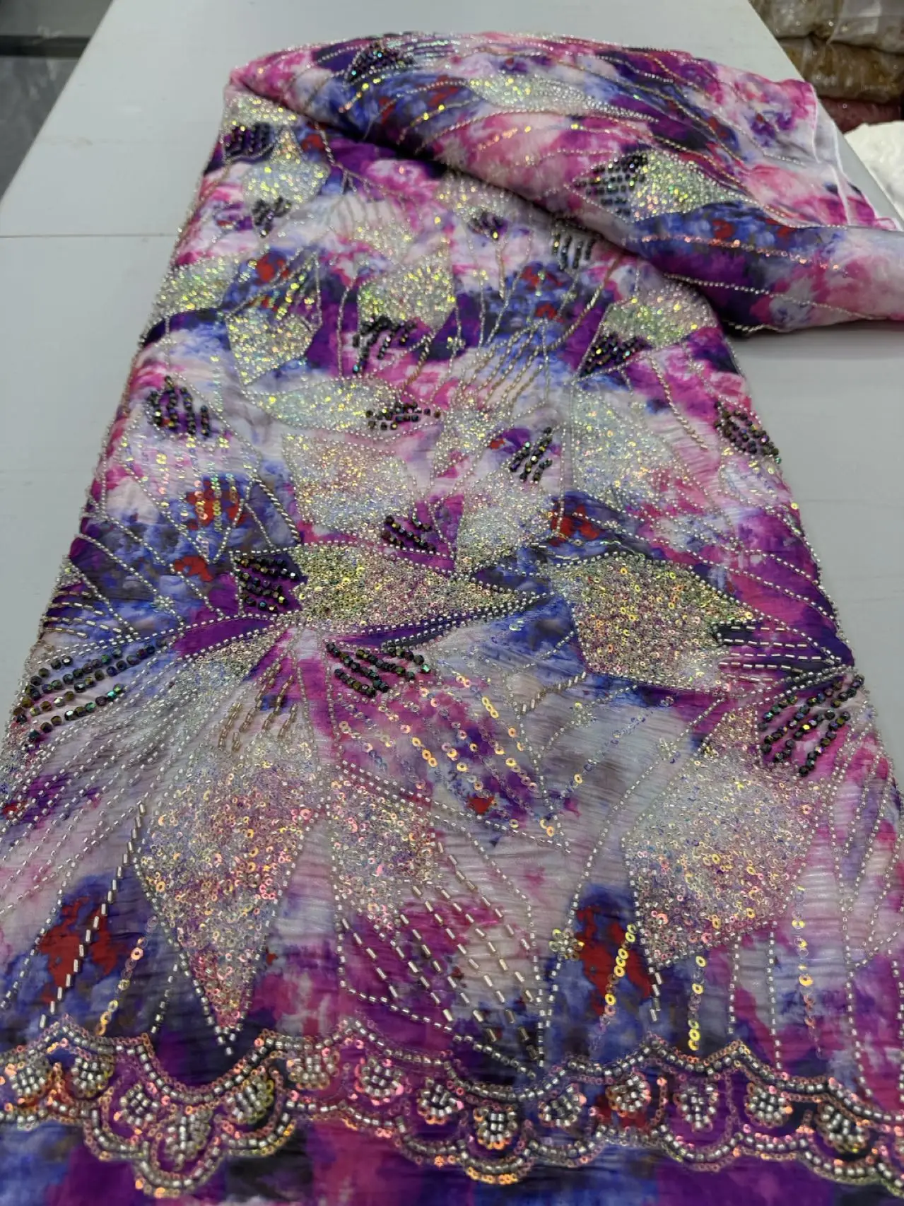 African Lace Fabric 2025 High Quality 5yard Textile Printing Sequins Beaded Lace Embrordered Tulle Lace for  Party Dress CC1620
