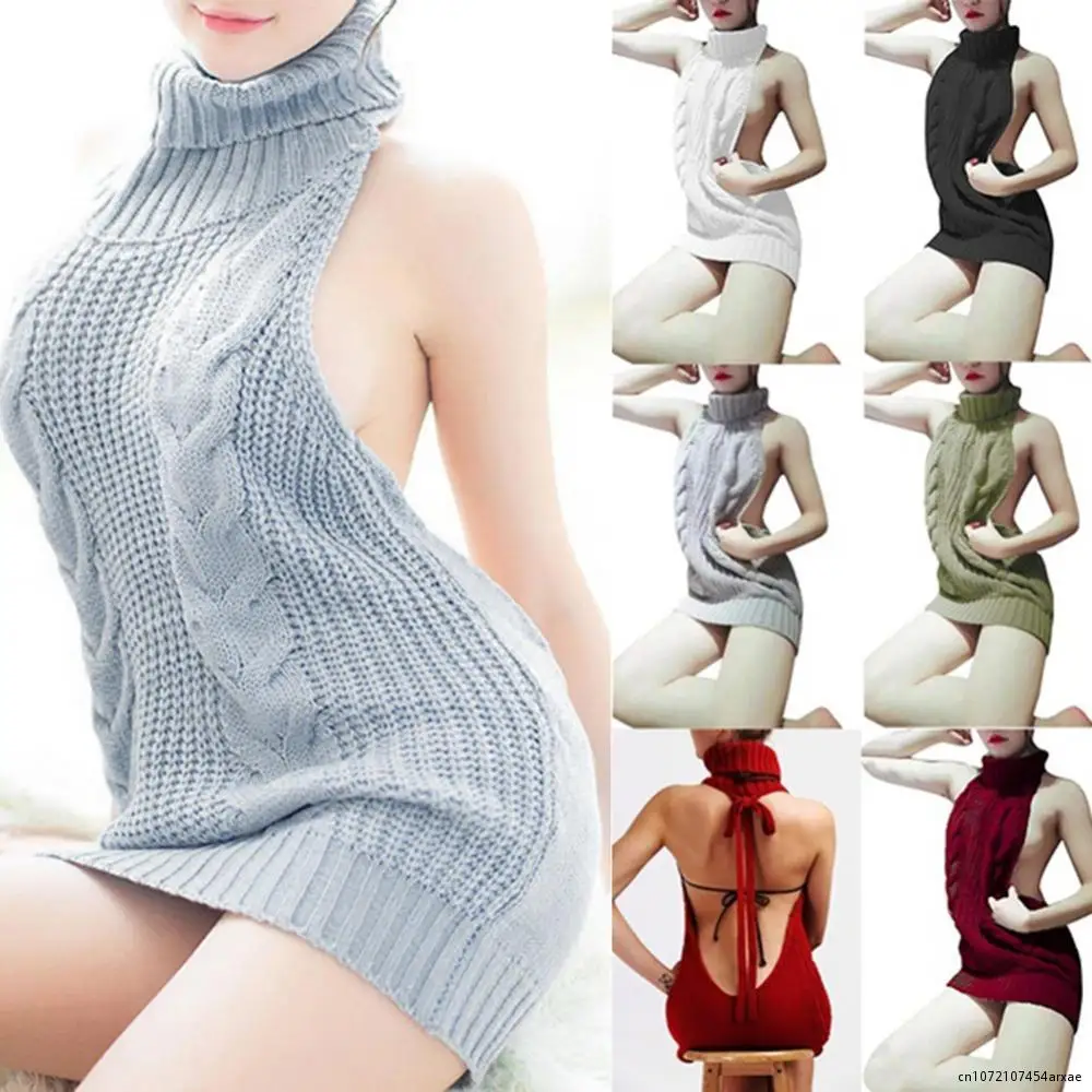 Sexy Women\'s Sweater Fashion Backless Sleeveless Turtleneck Pullover Knit Sweater Virgin Killer Cosplay Dress Female Jumper