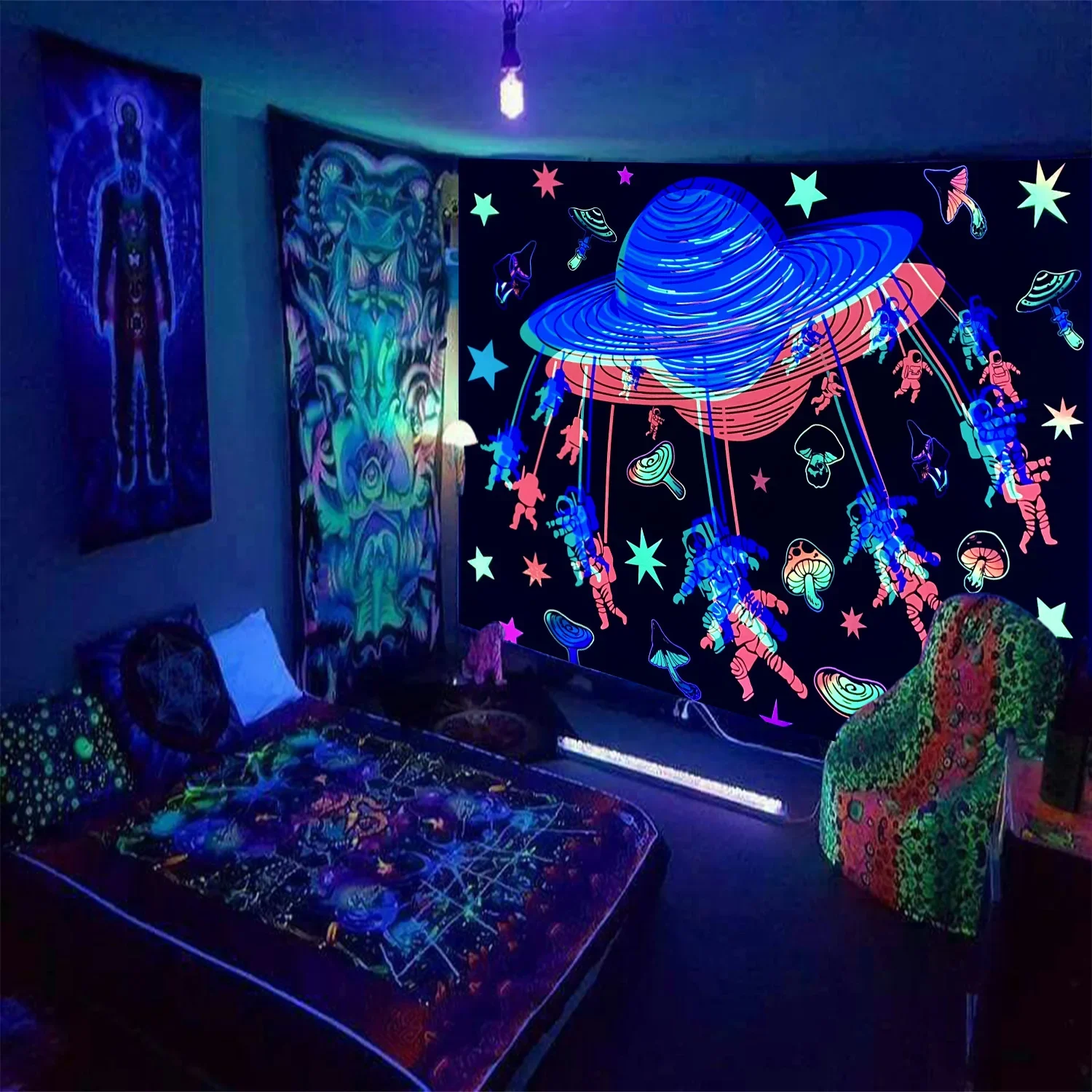 UV Responsive Psychedelic Fluorescent Tapestry Mandala Home Decor Wall Hanging Witchcraft Skeleton Spaceman Bright in Blue Light