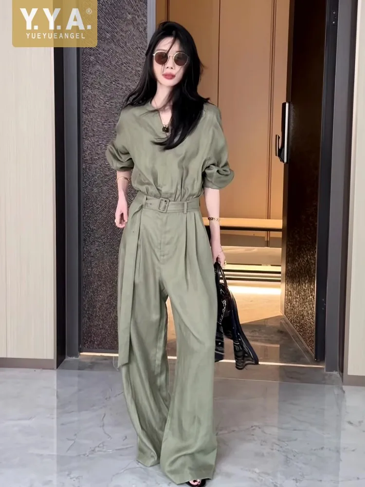 2025 New Fashion French Style Spring Summer Thin Jumpsuits Sashes Slim Fit V Neck Office Ladies Chic Wide Leg Bodysuit Hot Sale