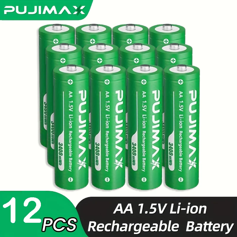 PUJIMAX Oplaadbare Li-ion AA-batterijen 1,5 V AA 3400 mWh lithium-ionbatterij + oplader Klokradio Videogame digitale batterij