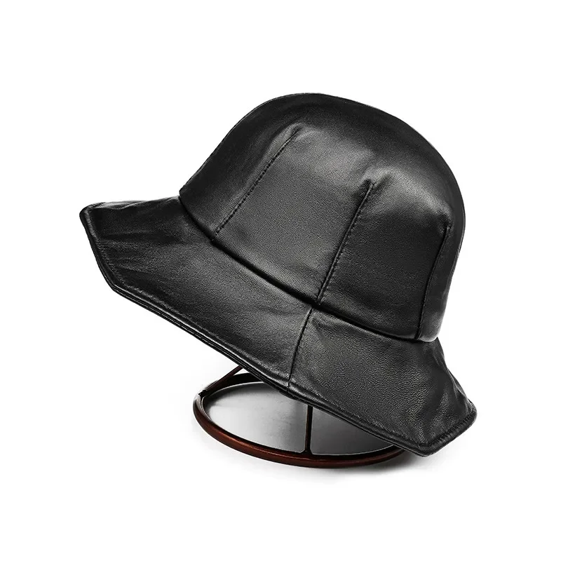 Pudi women genuine leather cap hat 2021 new brand real sheep leather sun caps bucket hatHL929