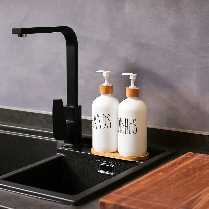 A01F-Glass Soap Dispenser Set With Bamboo Tray-Pump For Hand And Dish Soap-Dishwasher Faucet& For Kitchen Sink And Bathroom