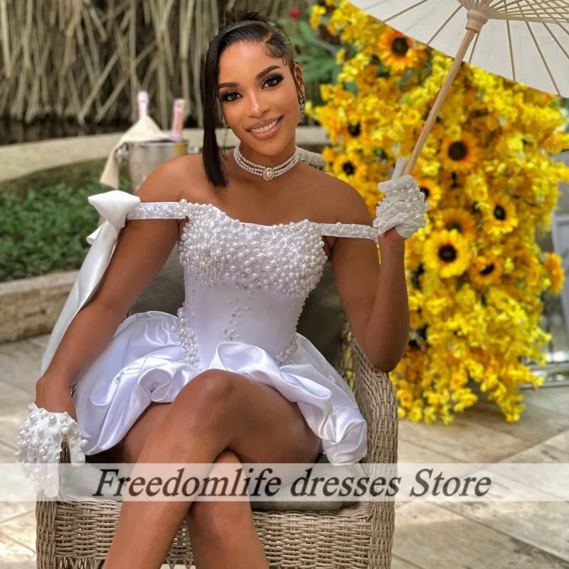 

Short Wedding Dresses For Bride Pearls Off The Shoulder Civil Bridal Gowns Bow Wedding Recpetion Dress Customized