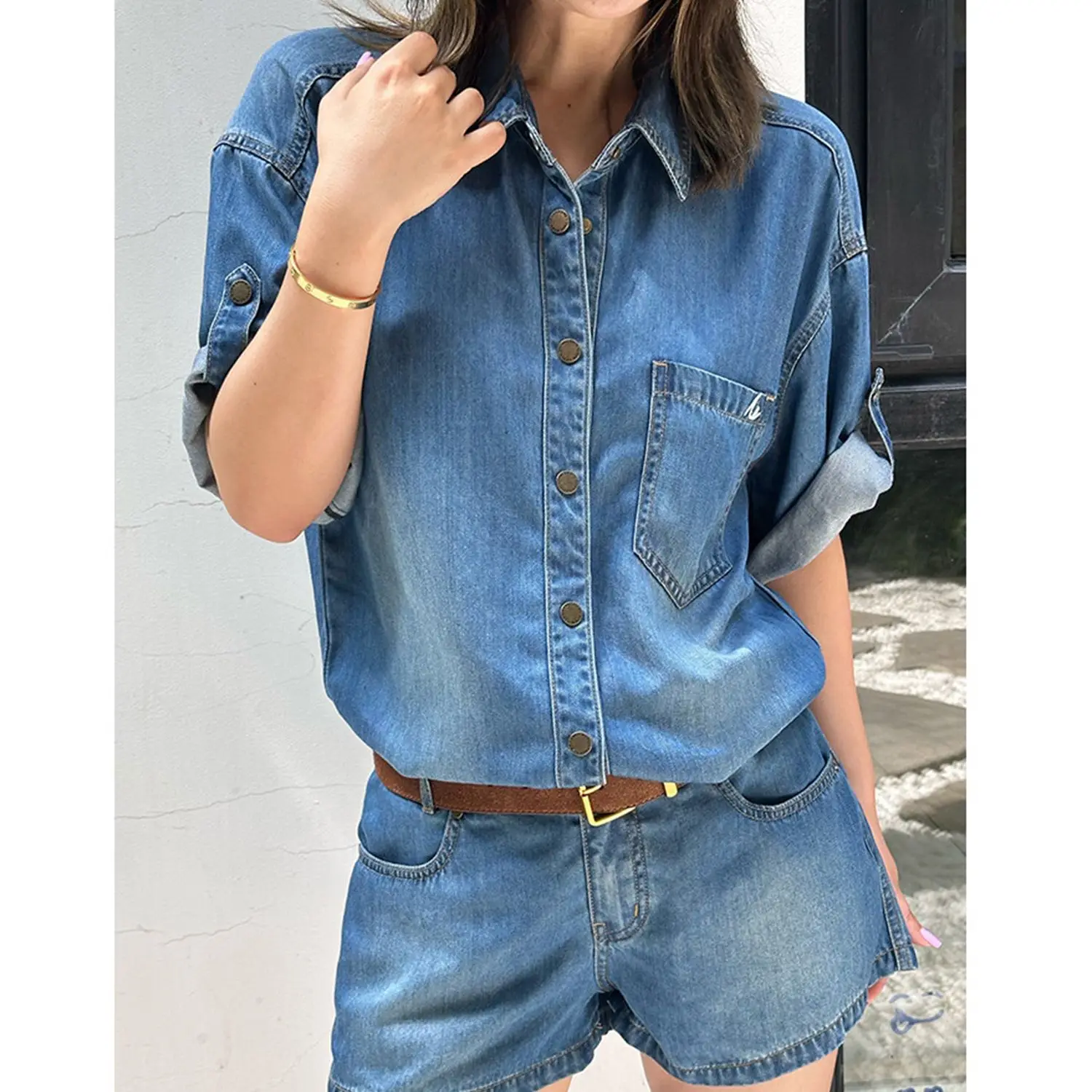 High End Commuting Casual Denim Suit For Women'S Summer Age Reduction Short Sleeved Shirt Paired With Shorts Two-Piece Set