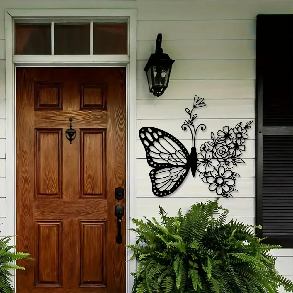 Butterfly Flower Iron Wall Art Wrought Sculpture Indoor Outdoor Living Room Patio Office Cottage Home Decor Ornament Gift