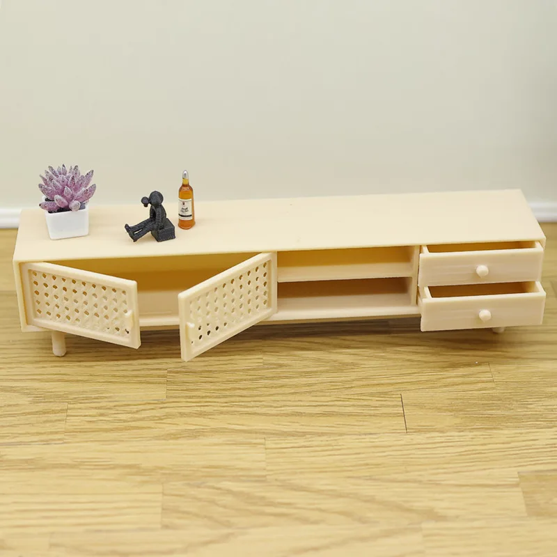 

1:12 Scale Dollhouse Mini TV Stand, Rattan & Wood Grain Style Media Console, Miniature Furniture Decor for Living Room Diorama