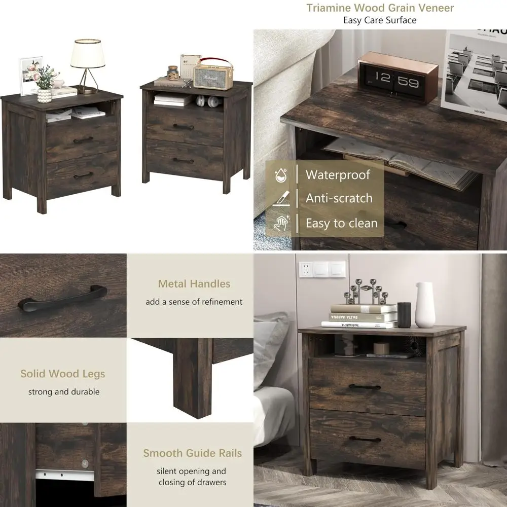 pair of rustic farmhouse nightstands with drawers and wood shelf for bedroom, dark brown