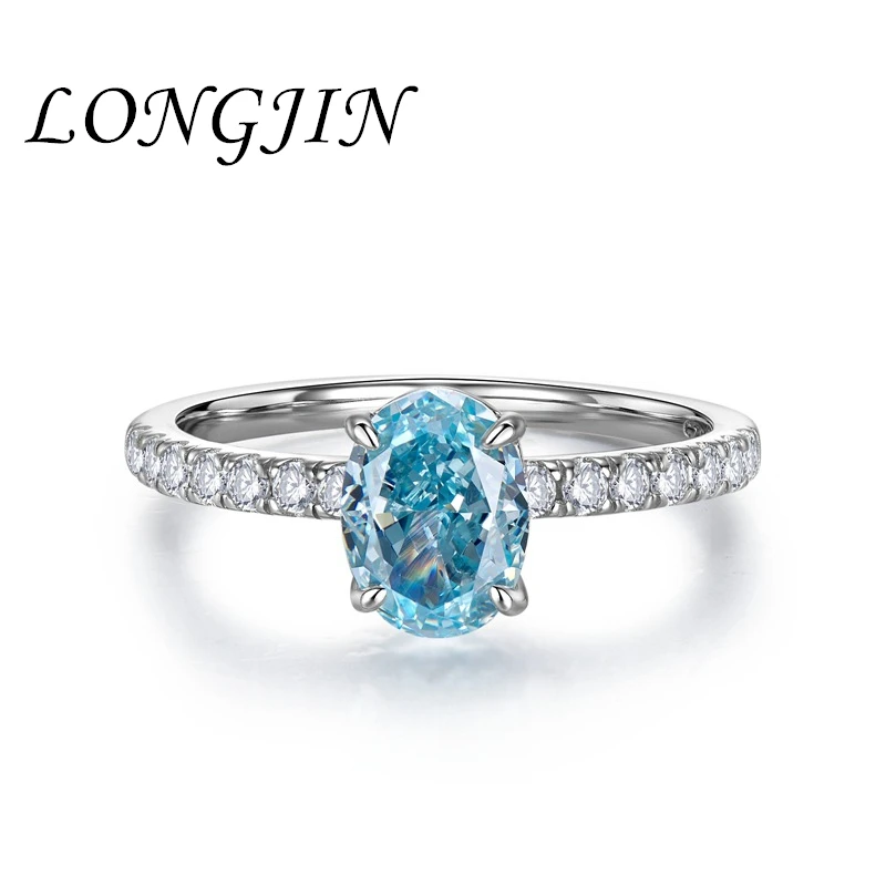 

LONGJIN New in S925 Sterling Silver Blue Oval High Carbon Diamond 6*8mm for Women Jewelry Valentine's Day Gift for Wife