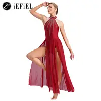 Vestido de baile lírico para mujer, Dimonds brillantes, leotardo de Ballet con cuello Halter, faldas largas divididas, traje de salón contemporáneo moderno