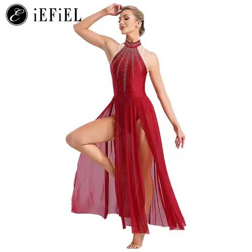 Vestido de baile lírico para mujer, Dimonds brillantes, leotardo de Ballet con cuello Halter, faldas largas divididas, traje de salón contemporáneo moderno