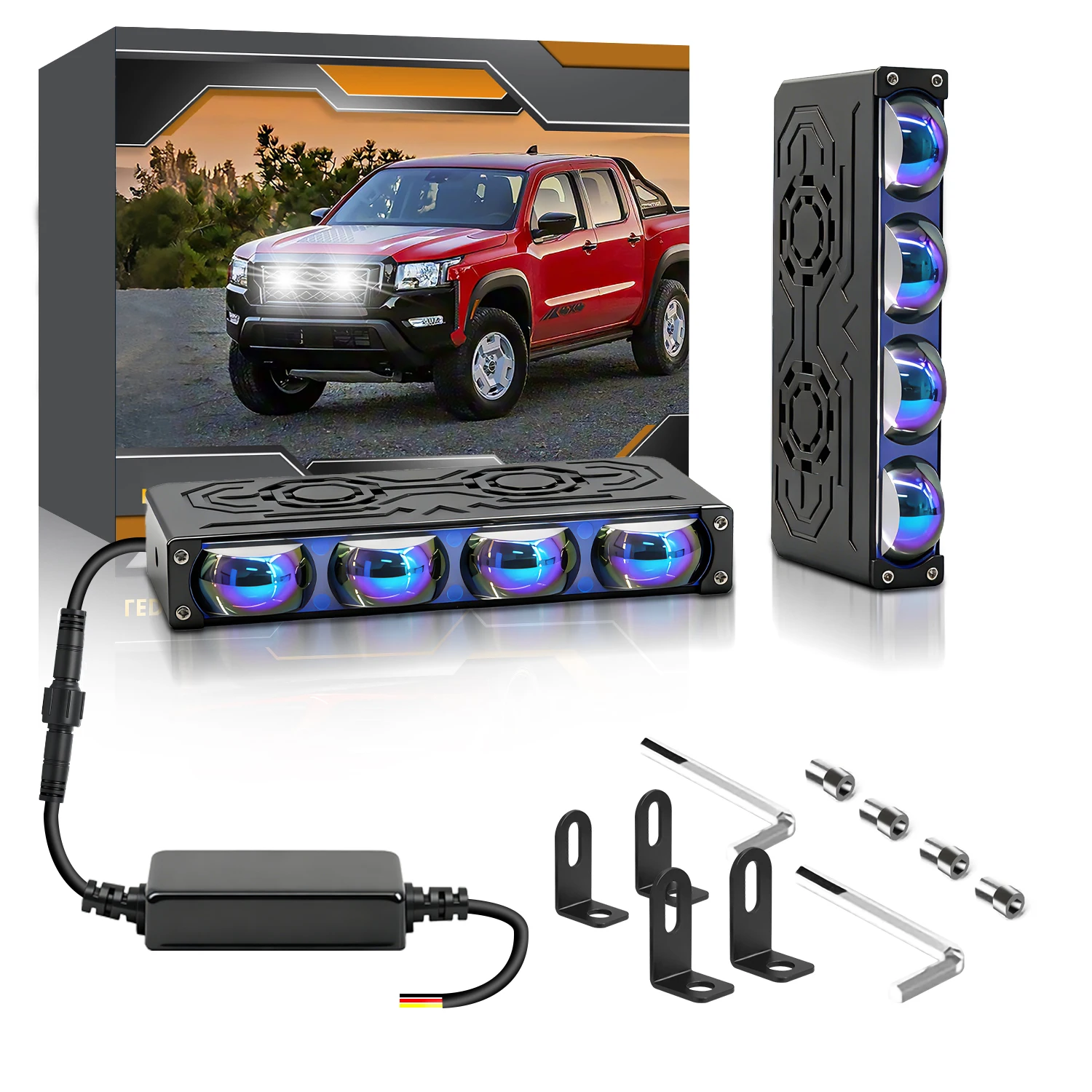 

Four Eyes Blue Film Dual Beam LED Car Grille Light 60W 3-Wire Power Cord High Beam White Low Beam Yellow For S7 Auto Front Mesh