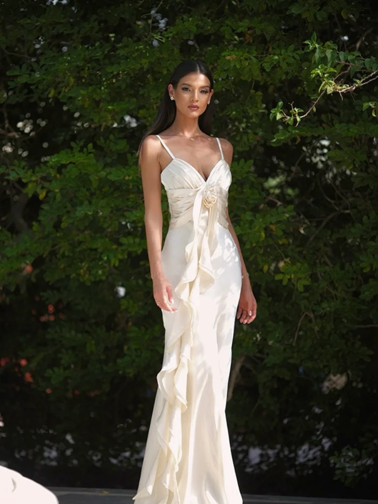 Robe en Satin à bretelles, Sexy, décolleté en v profond, élégante, ruban Floral, moulante, tenue de soirée, Clubwear, Maxi, robe de mariage pour femmes