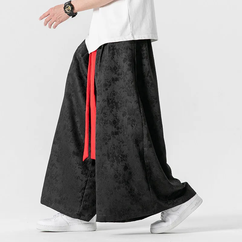 2026 Men Loose Wide Leg Pants Spring Men Casual Black Skirt Pants Fashion Flared Pants Chinese Style Men Print Harajuku Trousers