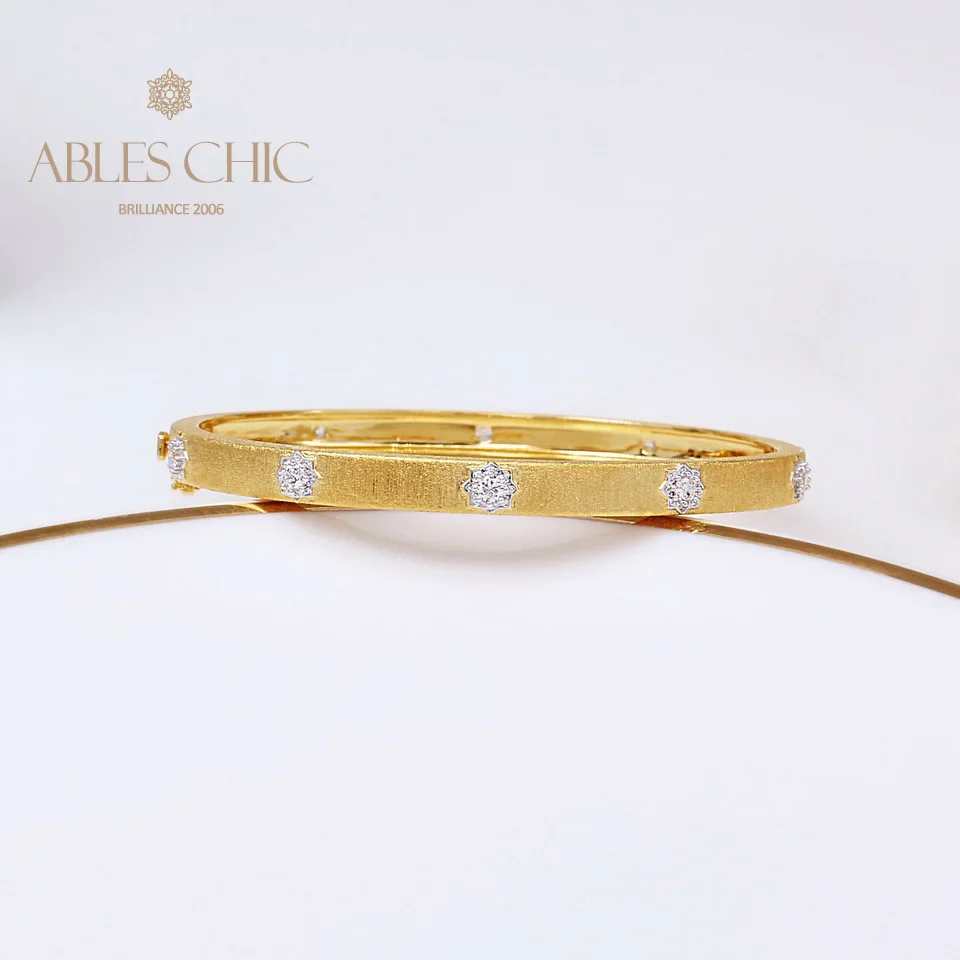 ABLES CHIC Bezel Set Zircon Flowers Stars Hinge Bangle Brushed Silver Silky Gold Tone 5mm Narrow Band Clasp Vintage Bracelet