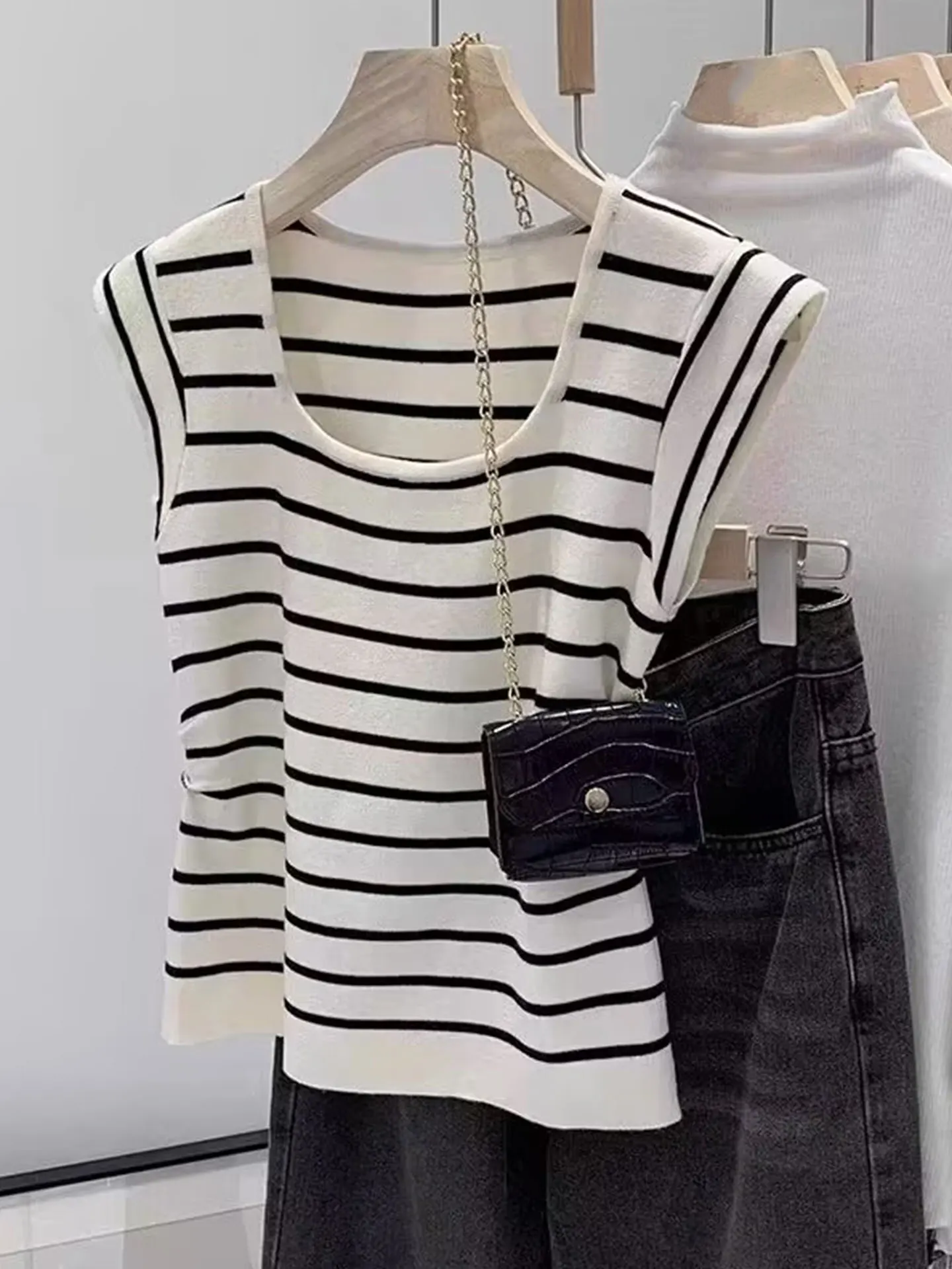 

Корейский летний трикотажный топ в полоску с цветовыми блоками, омолаживающий эффект, женская модная шелковая блузка прямого кроя