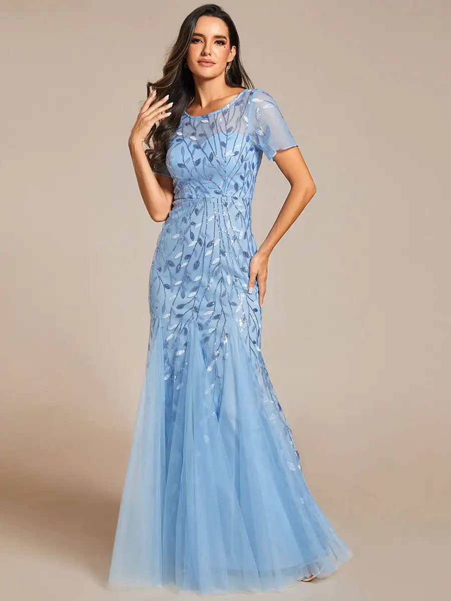 

Elegant Evening Dresses O-Neck Mermaid Floor Length 2024 of Sky Blue Sequin Shiny Fishtail Tulle Dresses for Party