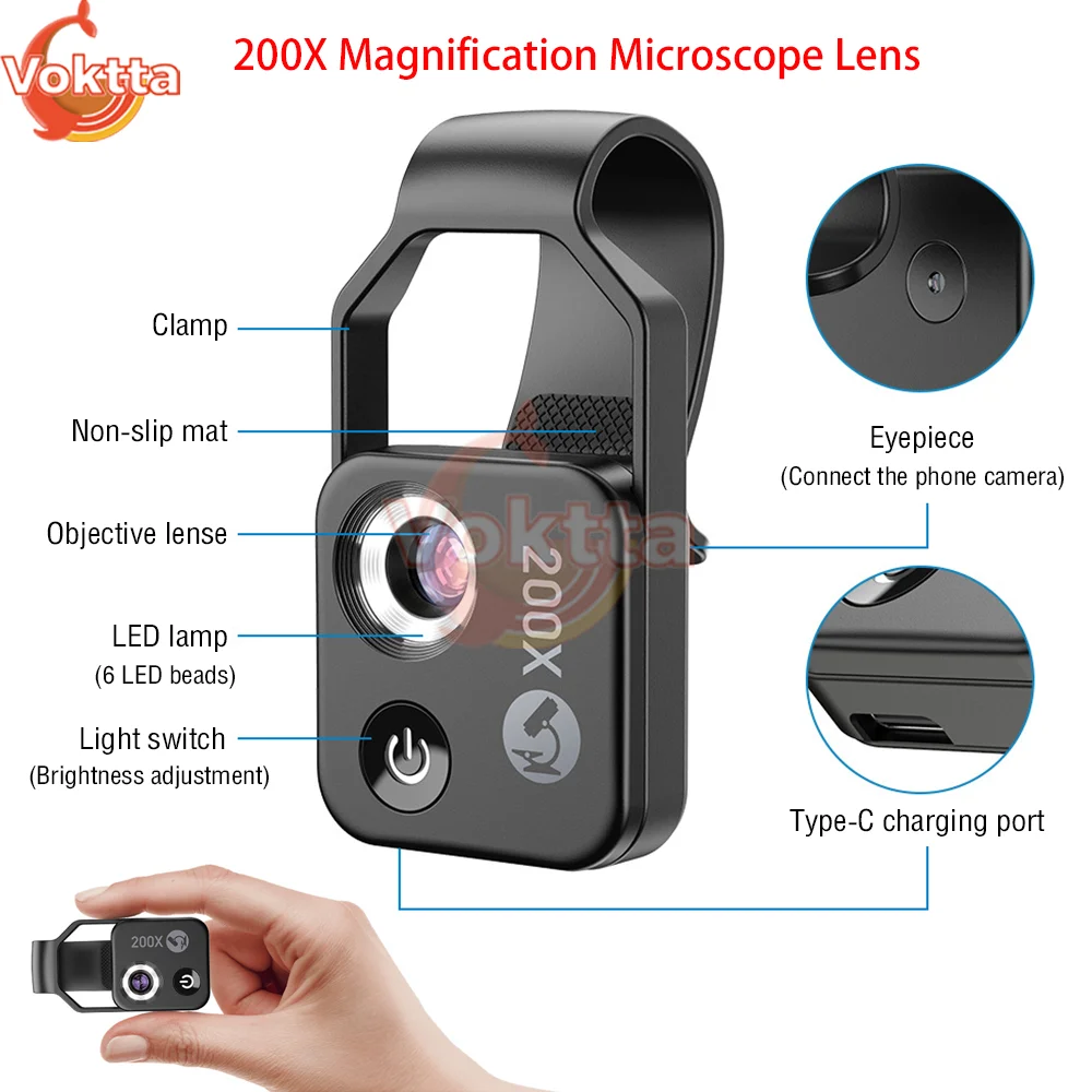 200X Magnification Microscope Lens with CPL Mobile LED Light Micro Pocket Macro Lenses for iPhone Samsung all smartphones