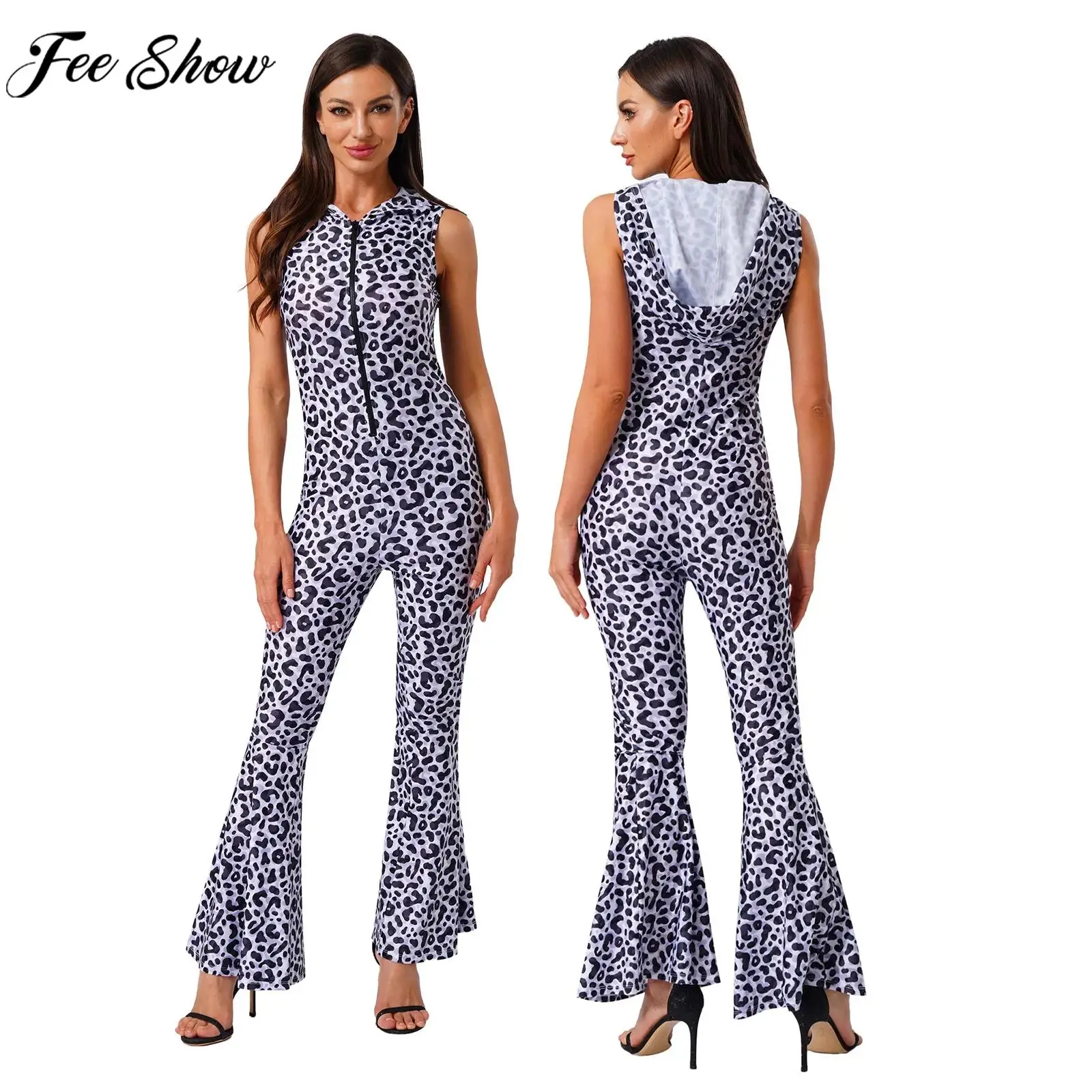 

Women Halloween 90s Disco Hippie Cosplay Costume Sleeveless Zipper Printed Bell-Bottom Hooded Jumpsuit for Theme Party Carnival