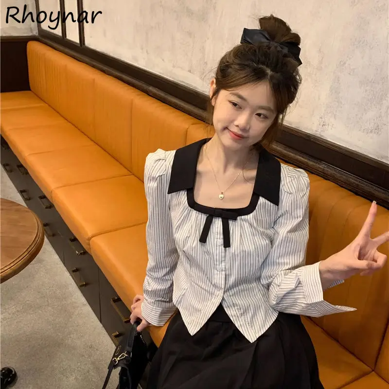 Square Neck Shirt Women Korean-style Gentle Temperament Striped Slim Design Puff Sleeves Panelled All-match Sweet Girls Autumn