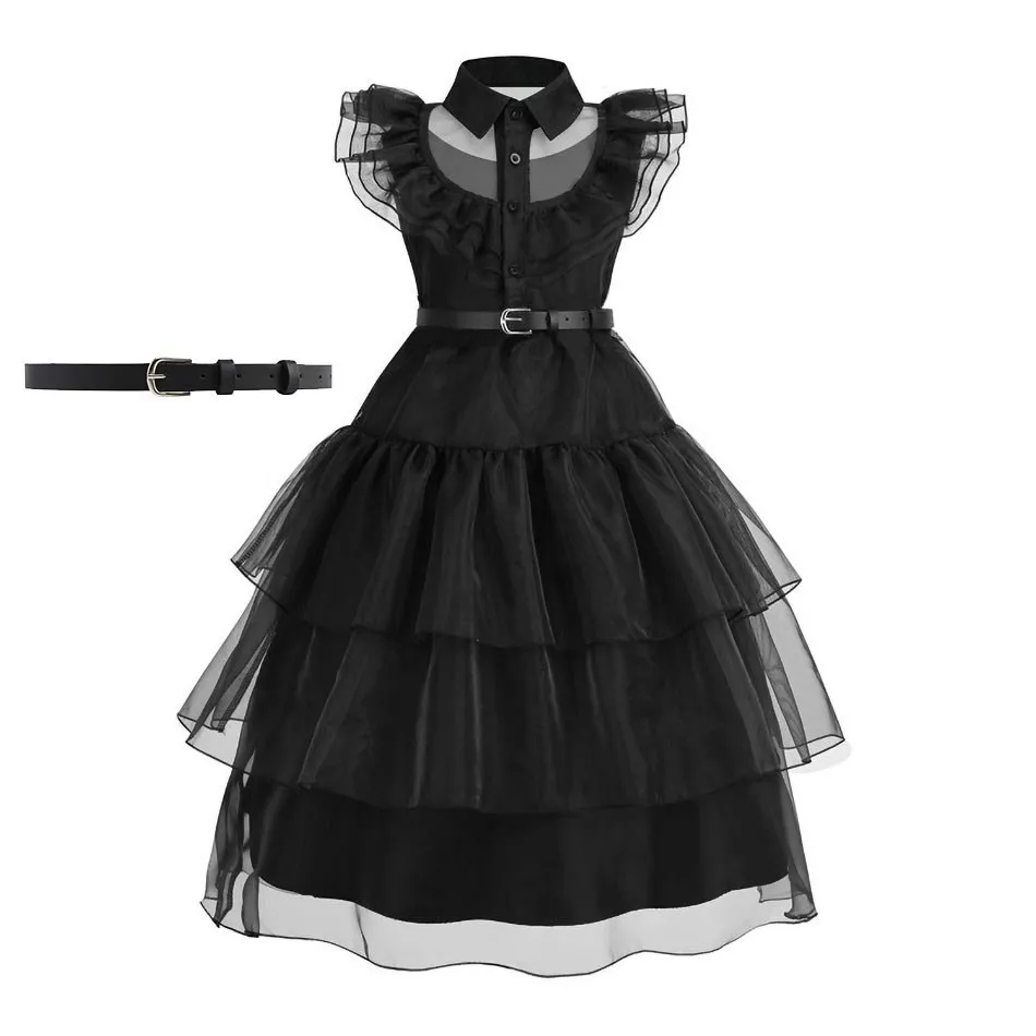 Girls Wednesday Costume Kids Princess Halloween Black Fantasy Children Family Pageant Layered Prom Dress Addams Dancing Dress