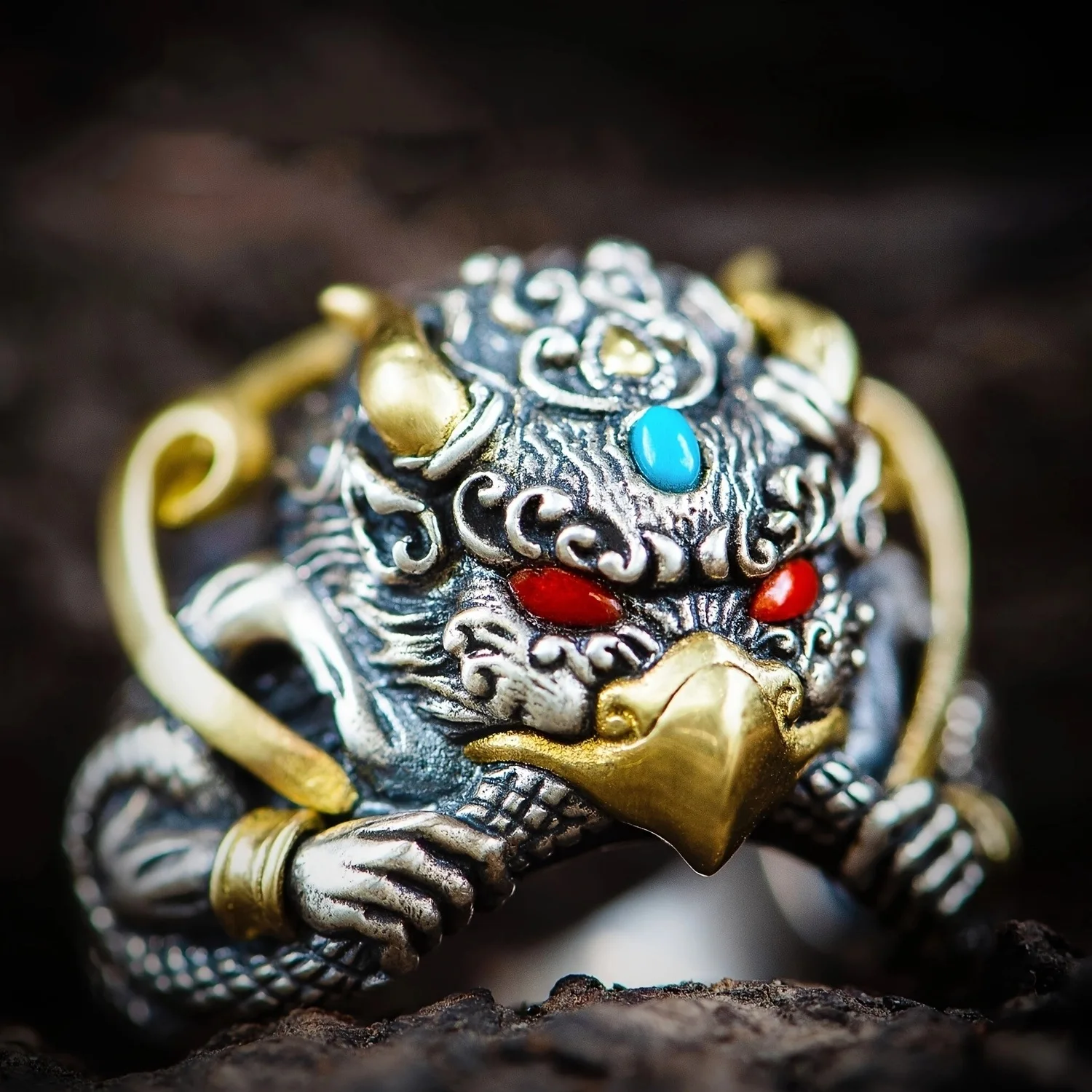 Creative Chinese Retro Handmade Golden Winged Roc Bird Ring with Adjustable Opening, Outdoor Portable EDC Ring Tool