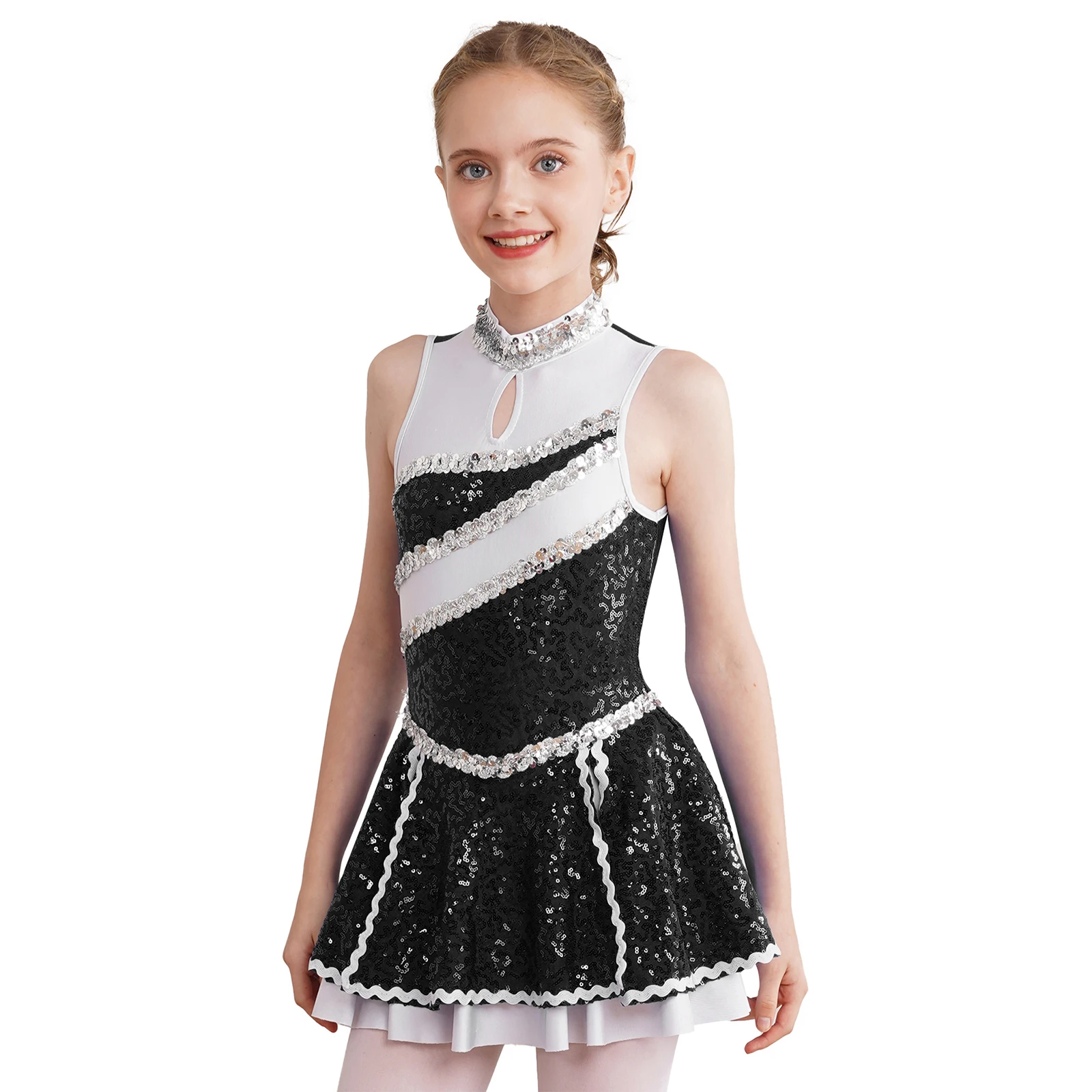 Kids Girls Cheerleading Uniform Sleeveless Shiny Sequins Dance Dress Figure Skating Gymnastics Leotard Stage Performance Costume