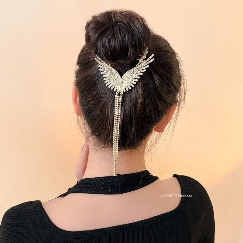 New Angel Wings Pearl Rhinestone Tassel Pill Head Ponytail Buckle Hair Clip Female Korean Hair Card Hair Jewelry Accessories