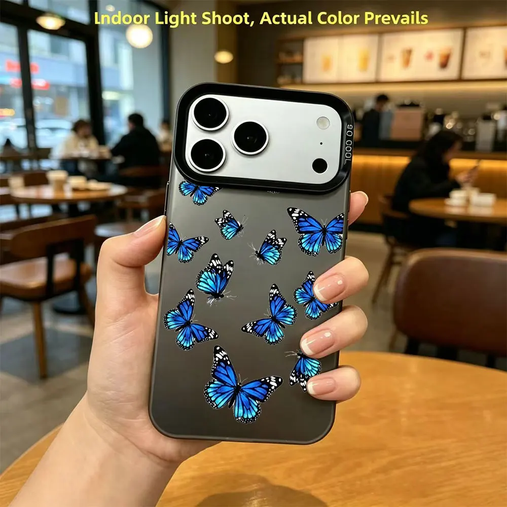 For iPhone 17 16 15 14 13 12 11 Pro Xs Max Plus Air Mini XR X 17e 16e Blue Fluorescent Butterfly Phone Case Shockproof Cover