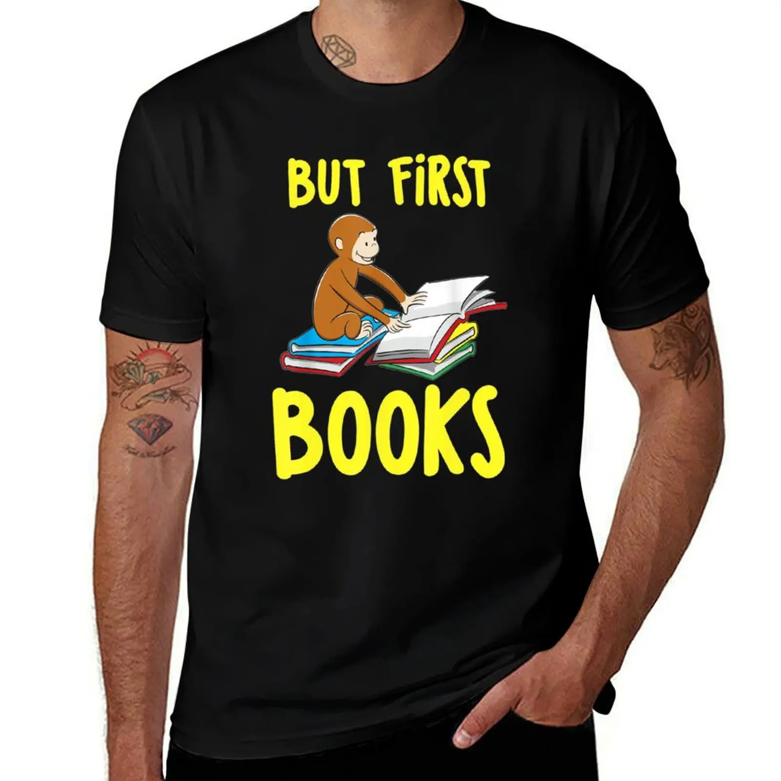 

Curious George Reading But First Books T-Shirt Independence Day Short Sleeve T-Shirt