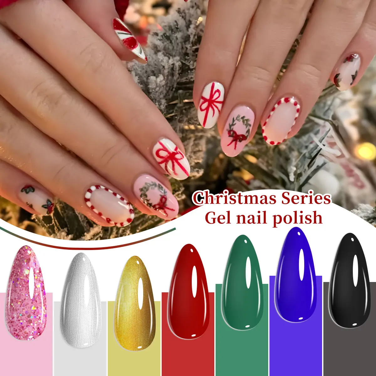 Yuguce 1 قطعة جل أظافر أحمر/ذهبي/أخضر/وردي، 0.24 أونصة، زجاجة مدمجة، خالية من الفورمالديهايد، نسيج غني، لامع ومرطب، مناسب لفن صالون الأظافر المنزلي للفتيات، فن أظافر عيد الميلاد #1