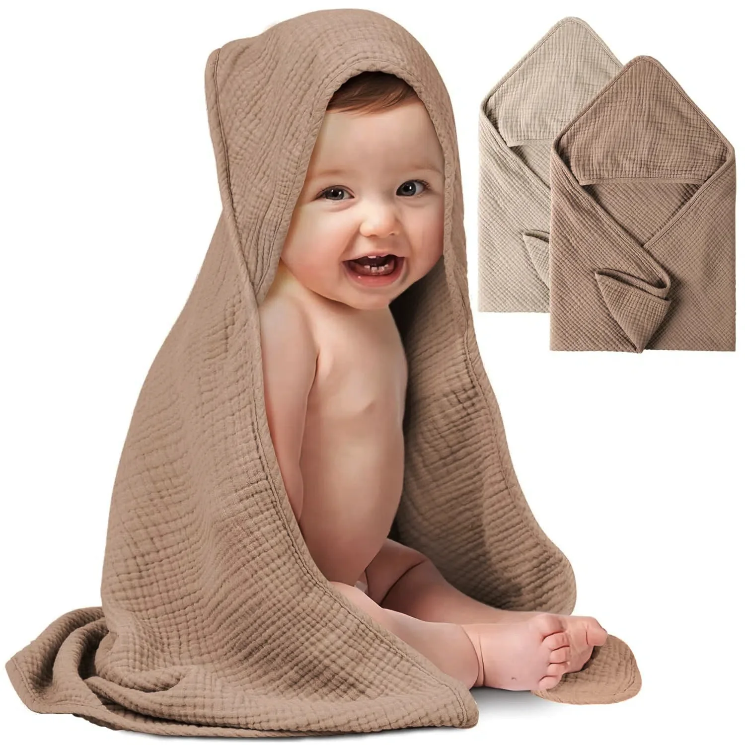 

2pcs Wrapped Gauze Baby Hat Bath Towel Plain Color Bath Towel Cloak Swaddle Blanket Breathable Multifunctional Towel